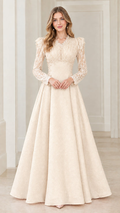 Front view of full-length Champagne lace long sleeve evening gown