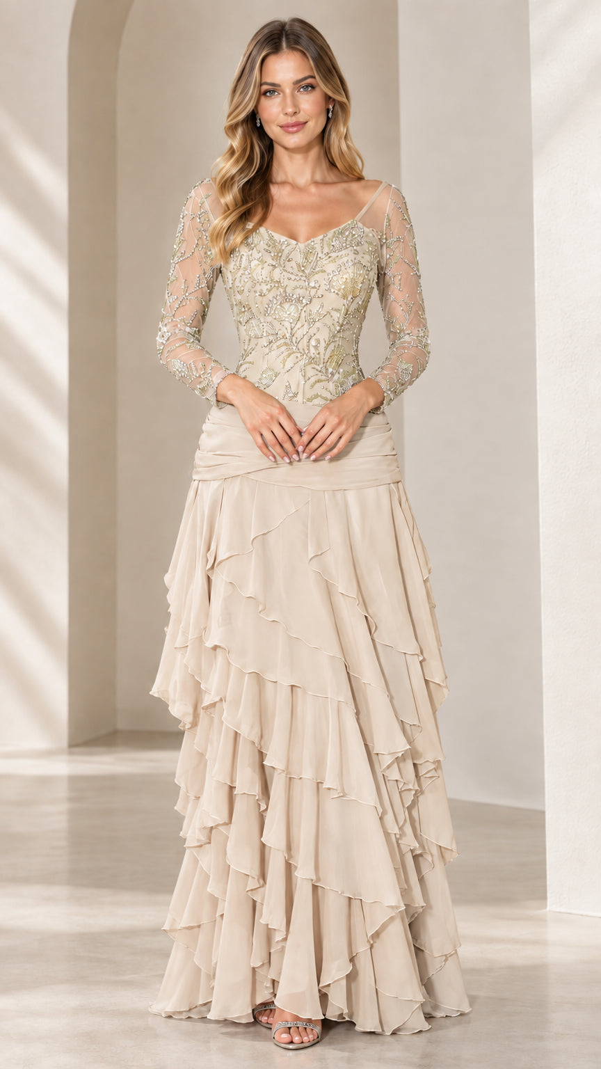 Front view of Champagne beige formal gown with beaded bodice and tiered skirt