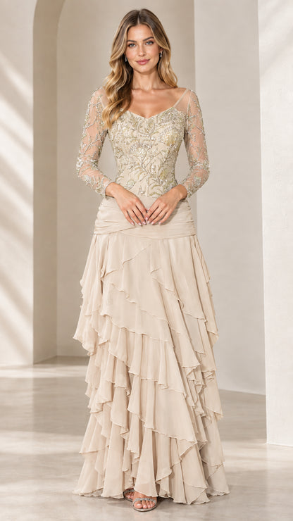 Front view of Champagne beige formal gown with beaded bodice and tiered skirt