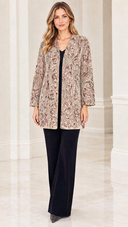 Champagne beige paisley velvet evening jacket on model