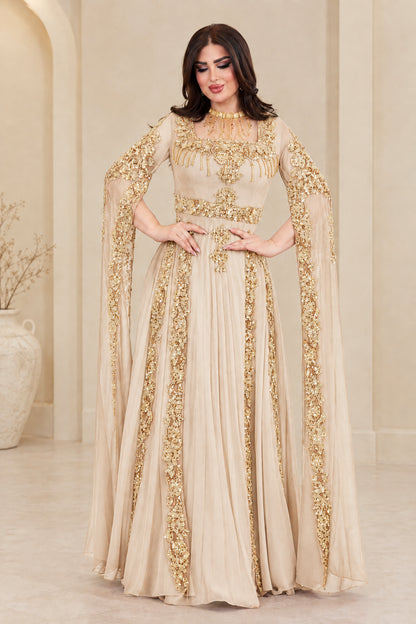 Champagne beige gold embroidered formal cape maxi dress