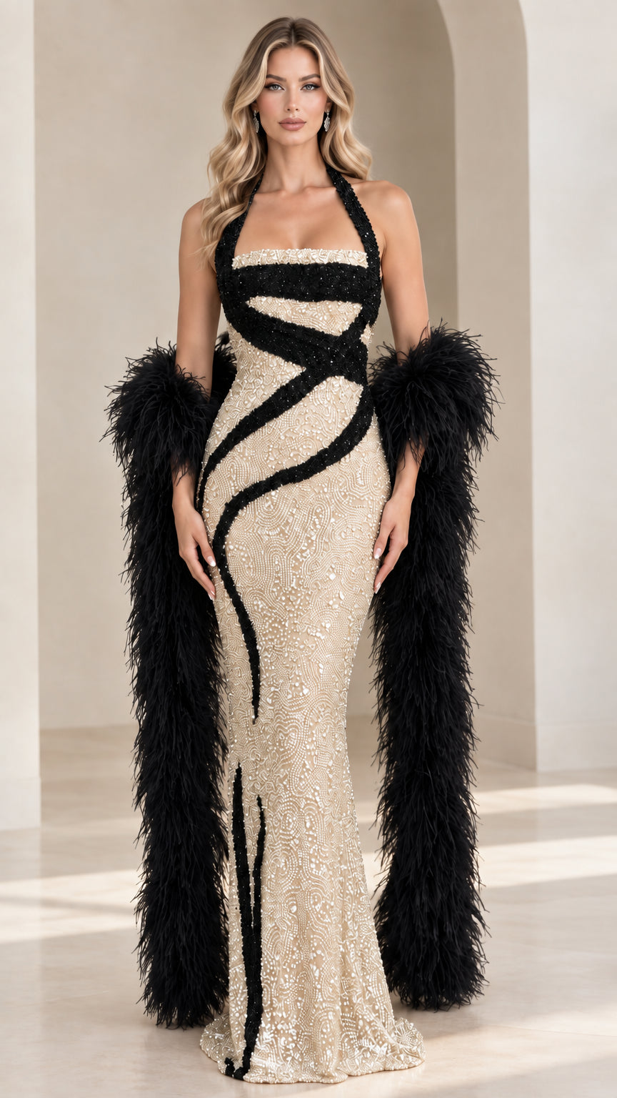 Model wearing champagne gold halter sequin evening gown with black accent detailing