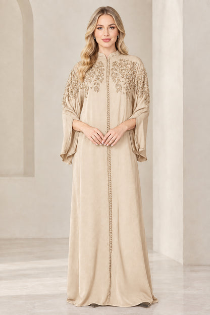 Champagne beige long sleeve embellished shoulder abaya maxi dress