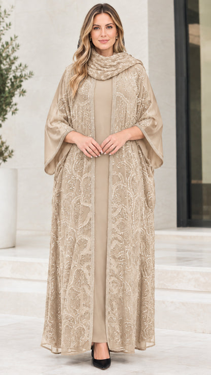 Model wearing champagne beige sequin embroidered modest abaya 3-piece set
