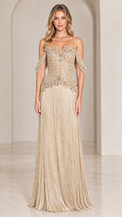 Front view of champagne off-the-shoulder beaded fringe formal maxi gown