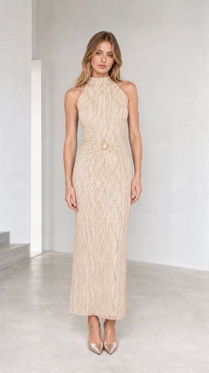 Champagne beige high neck textured sleeveless maxi dress on model
