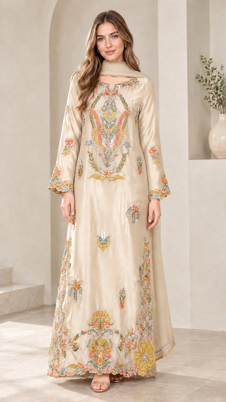 Champagne cream embroidered long sleeve modest maxi dress