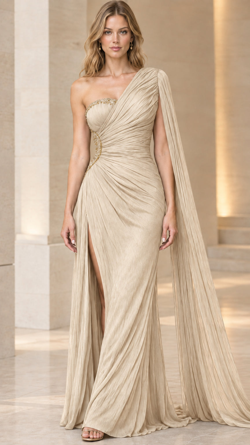 Front view of champagne beige one-shoulder evening gown with cape drape