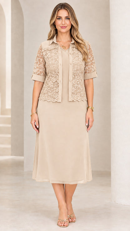 Champagne beige two-piece lace jacket formal midi dress