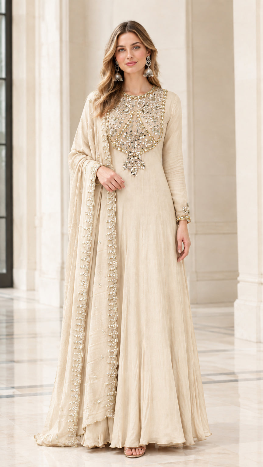 Champagne beige floor-length festive Anarkali dress with matching dupatta