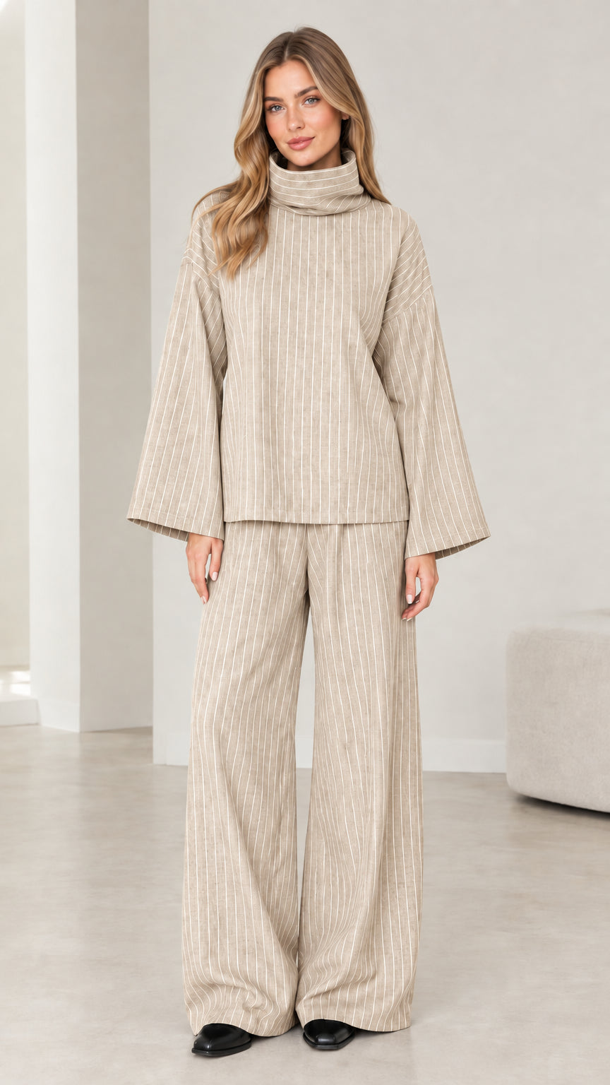 Woman wearing Beige oatmeal pinstripe turtleneck top and wide-leg pants outfit