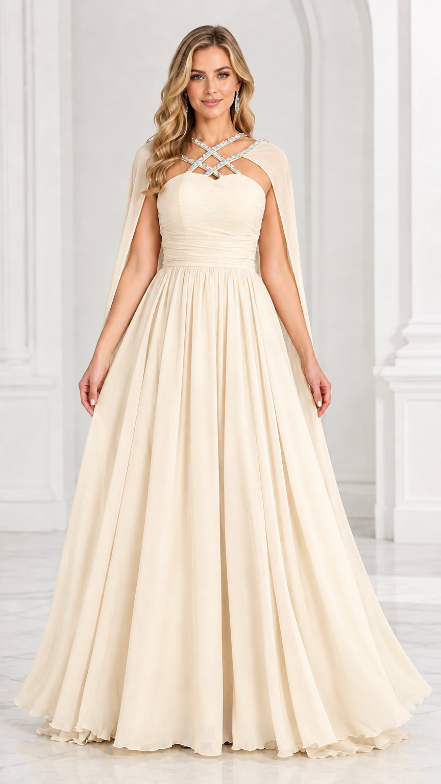 Champagne ivory capelet evening gown with ruched bodice and rhinestone detailing