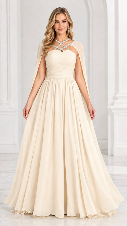 Champagne ivory capelet evening gown with ruched bodice and rhinestone detailing