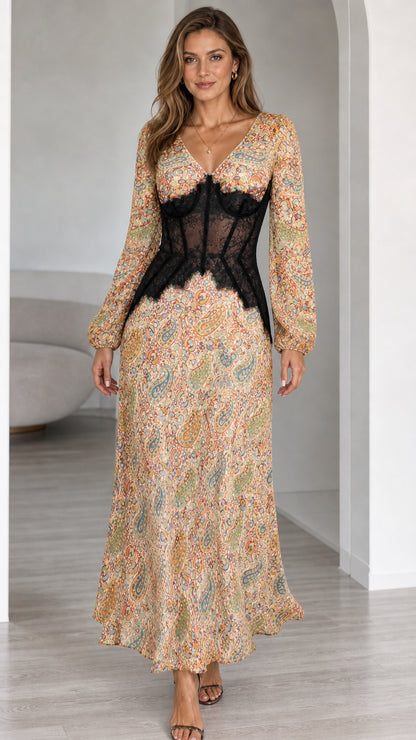 Front view of model in Beige Multi paisley long sleeve maxi dress with lace waist