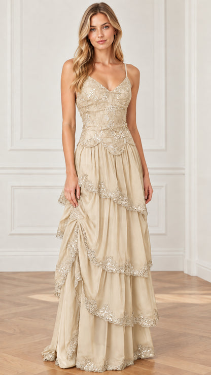 Champagne beige embroidered tiered evening gown