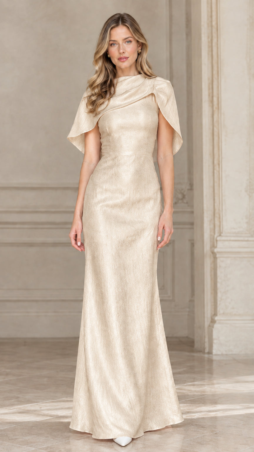 Champagne gold draped cowl capelet evening maxi dress