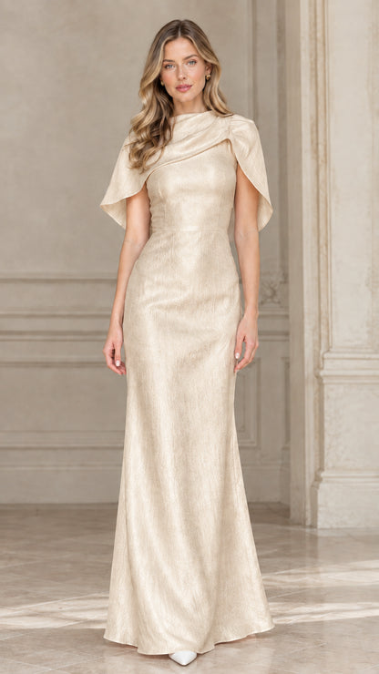 Champagne gold draped cowl capelet evening maxi dress