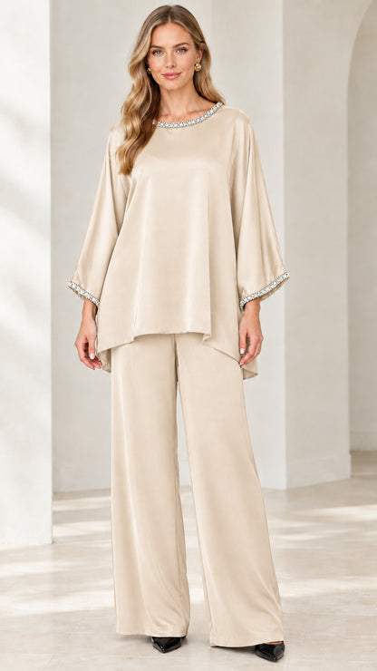 Champagne elegant wide-leg pant suit with embellished neckline