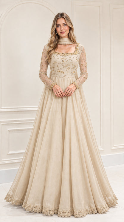 Champagne beige embroidered long sleeve formal evening gown