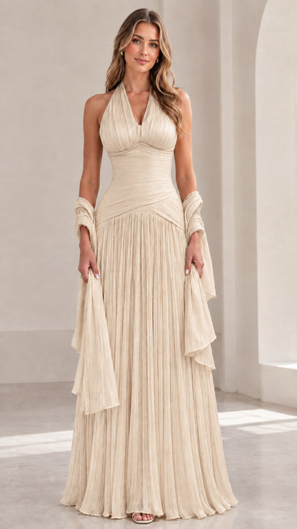 Full-length Champagne beige halter pleated formal evening gown with wrap