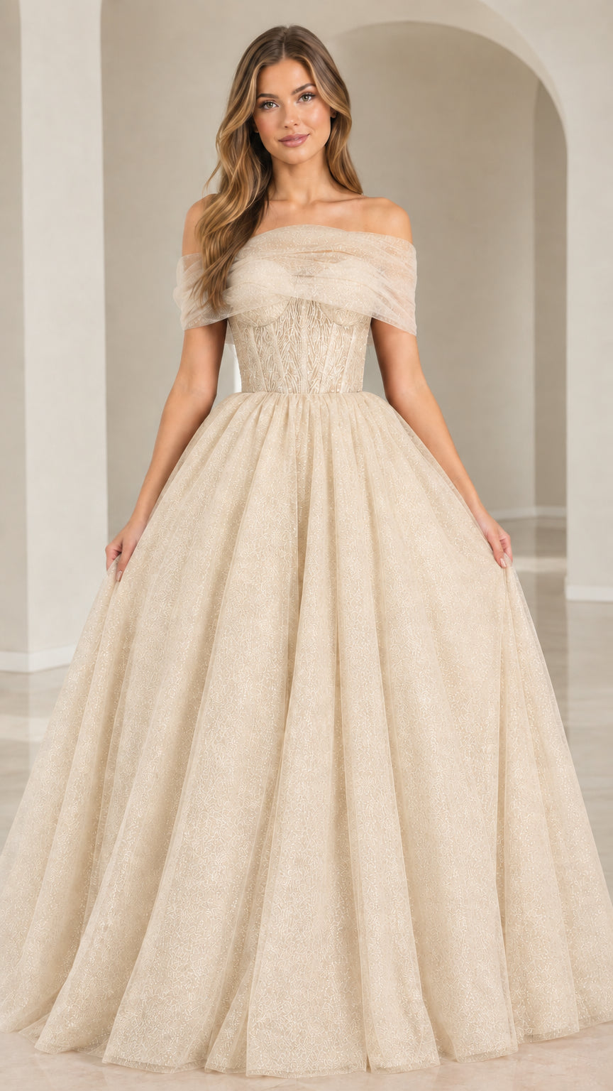 Model wearing Champagne gold glitter off-the-shoulder ball gown