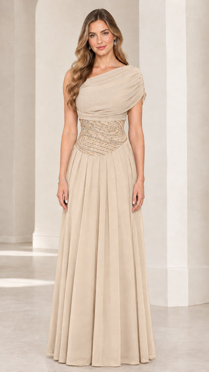 Front view of champagne beige one-shoulder formal maxi evening dress