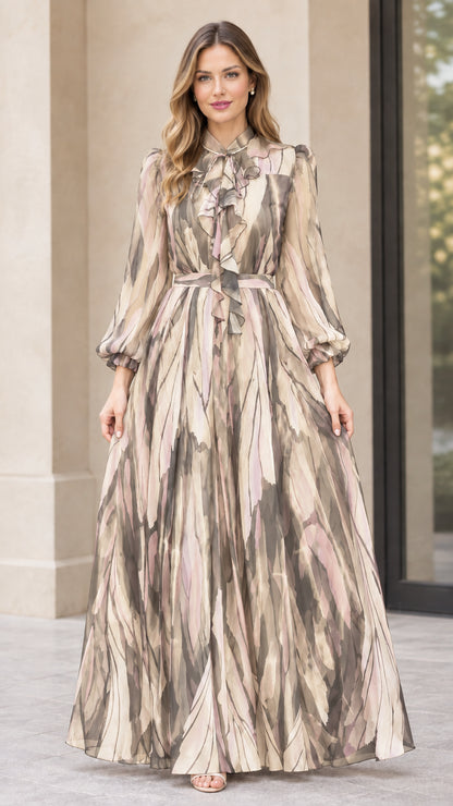 Front view of beige and taupe abstract print long sleeve chiffon gown