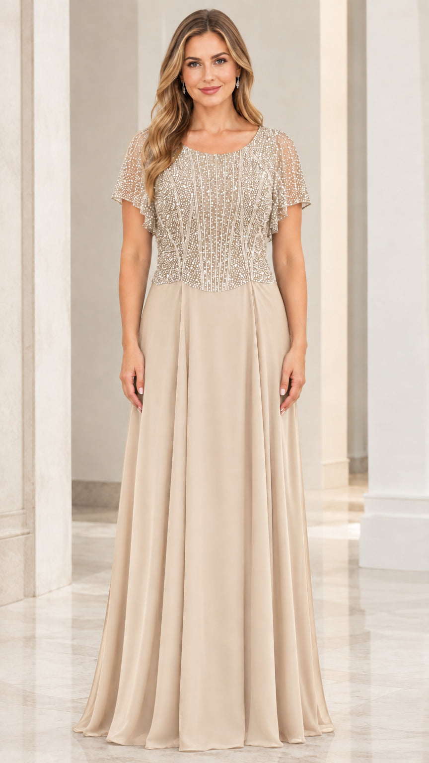 Front view of champagne beige sequined bodice maxi evening dress
