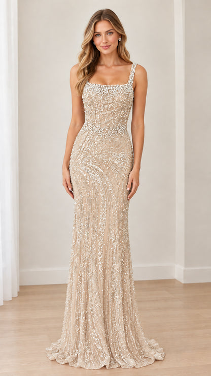 Front view of model wearing Champagne gold sequin beaded formal evening dress