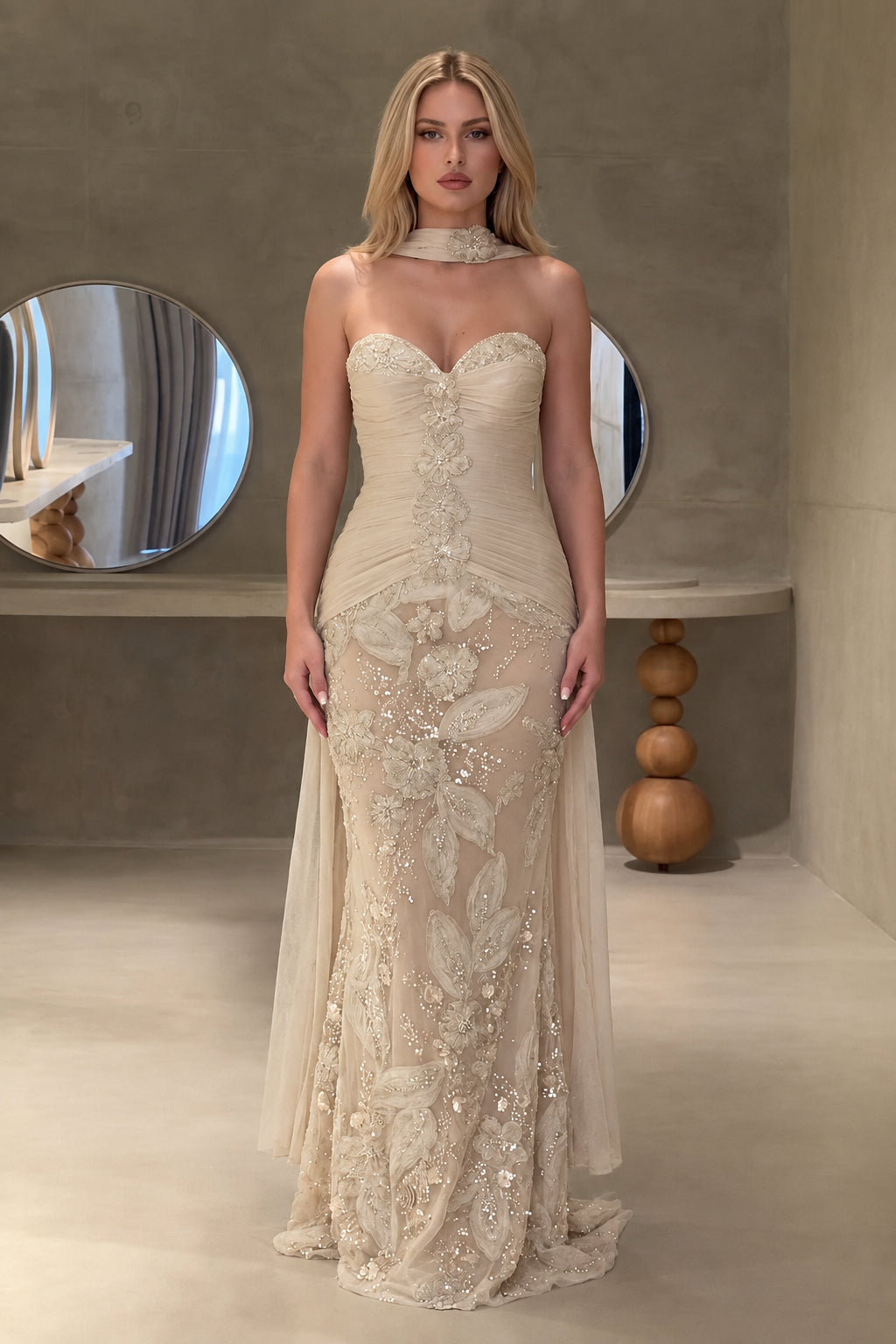 Champagne beige embellished mermaid evening gown with draped cape detail