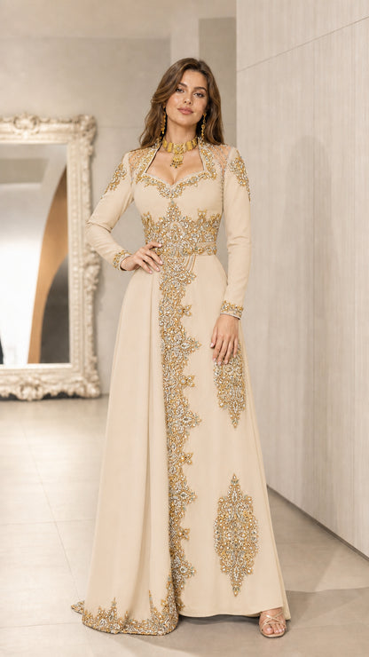 Champagne beige embroidered long sleeve formal evening gown