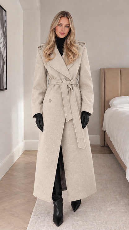Full-length cream beige belted maxi trench coat on model