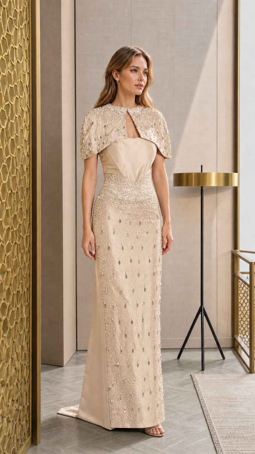 Champagne Gold formal evening gown with crystal-beaded cape overlay