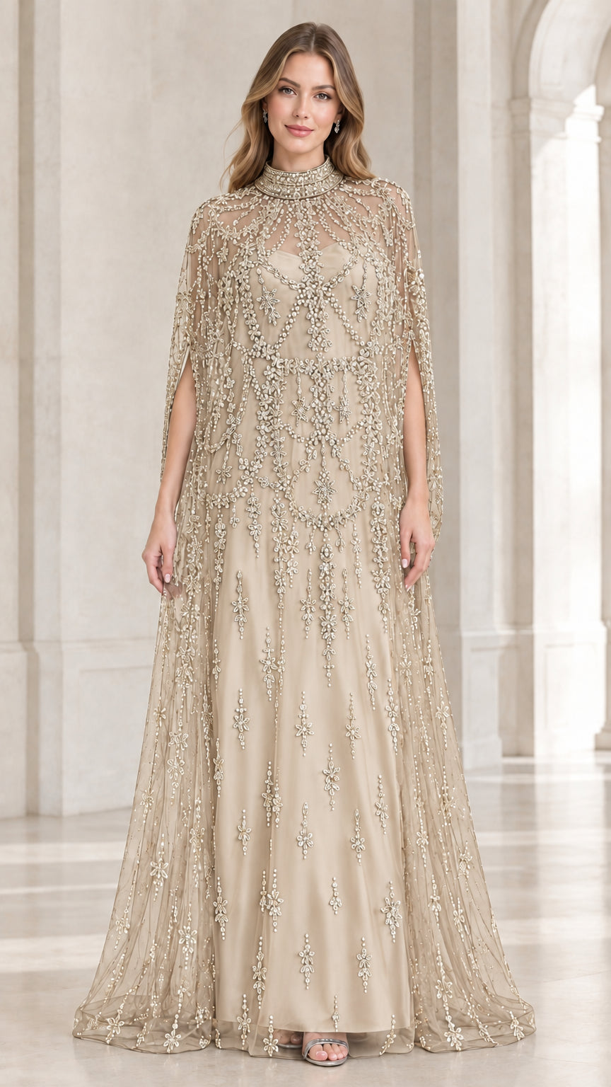 Champagne gold floor-length evening dress with embroidered cape overlay