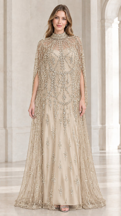 Champagne gold floor-length evening dress with embroidered cape overlay