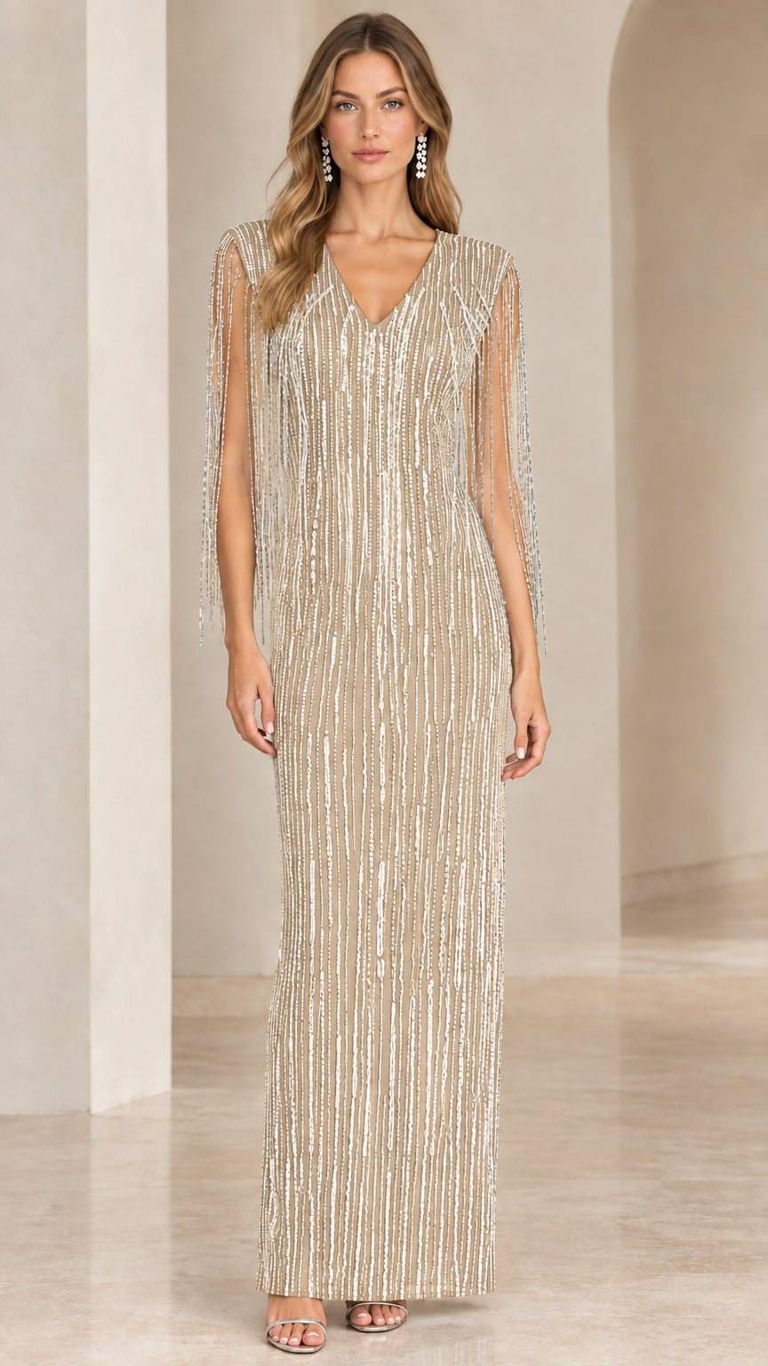 Front view of champagne gold sequin fringe column evening gown