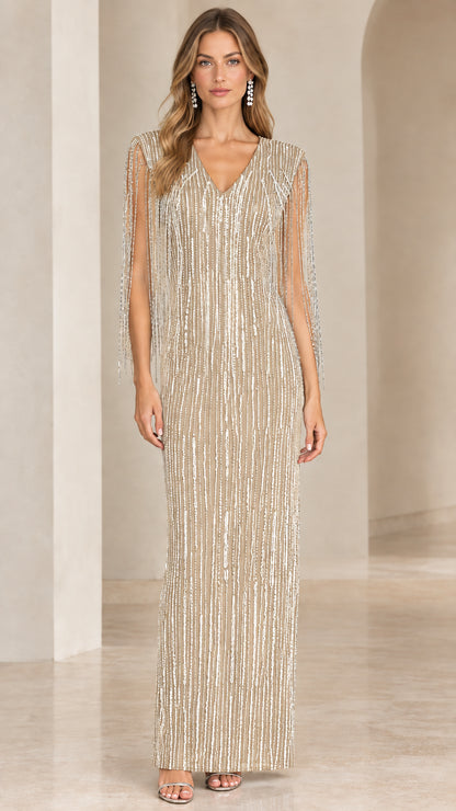 Front view of champagne gold sequin fringe column evening gown