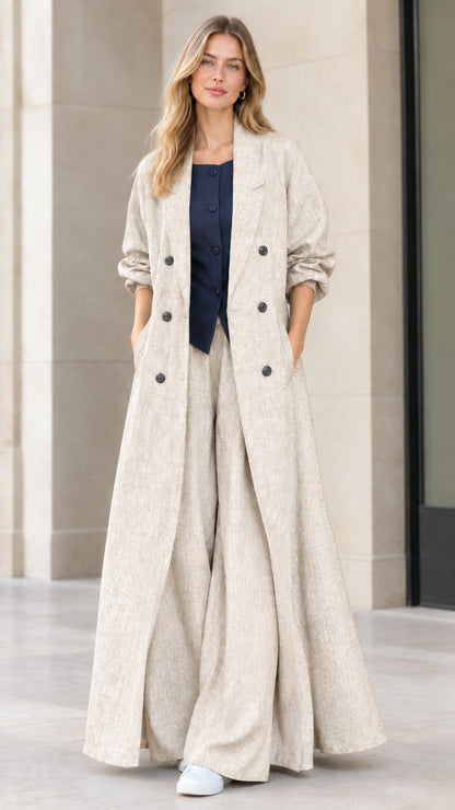 Full-length view of women's beige oatmeal maxi duster coat and wide-leg pants set