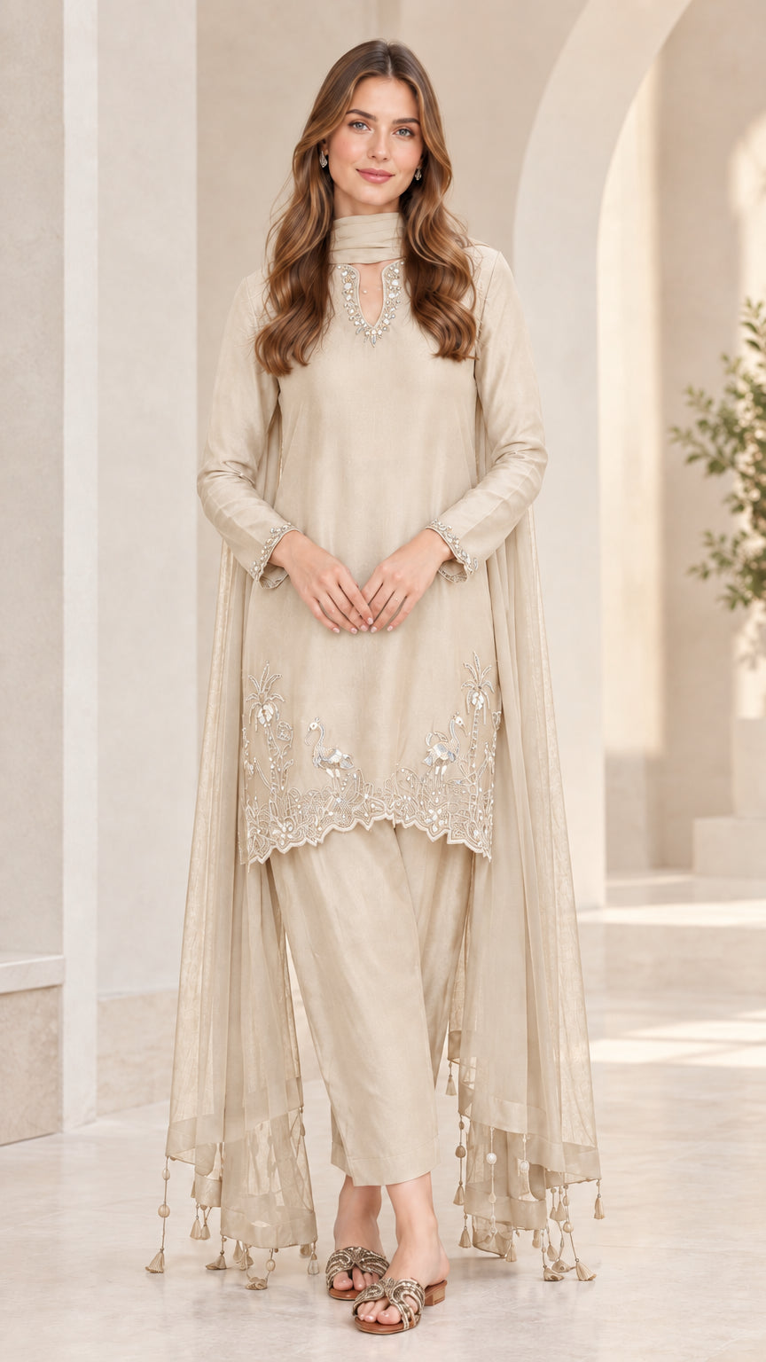 Beige champagne embroidered 3-piece tunic and straight pant set with matching scarf