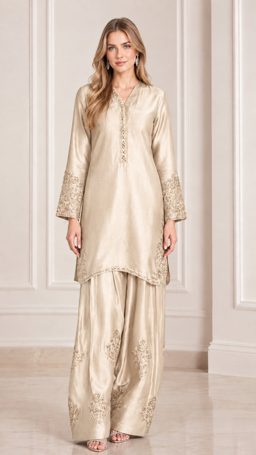 Champagne gold embroidered satin tunic and wide leg pant set