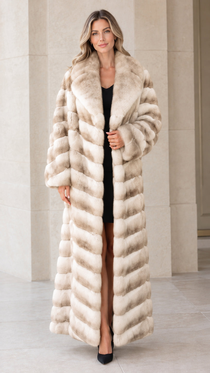 Full-length beige cream textured faux fur maxi coat