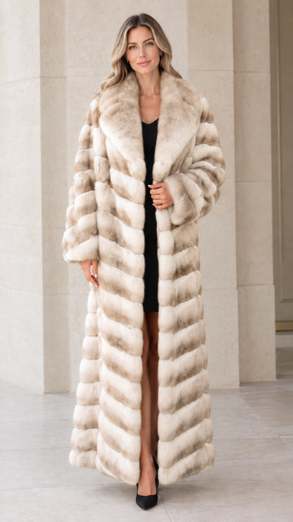 Full-length beige cream textured faux fur maxi coat