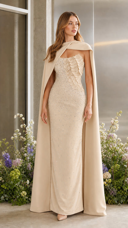 Champagne beige floor-length evening dress with draped cape overlay