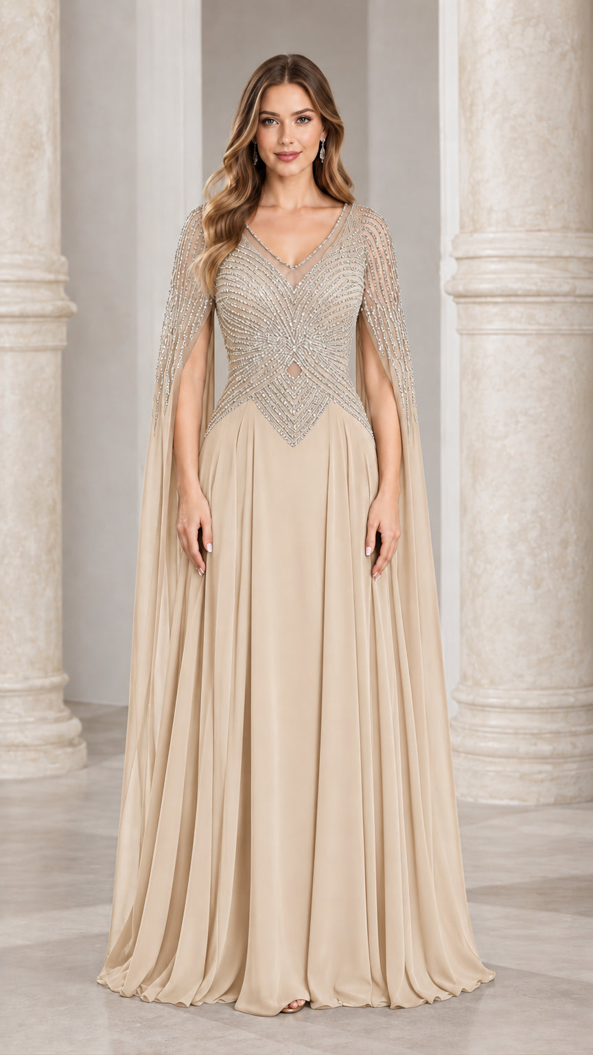 Front view of champagne beige beaded cape sleeve evening gown