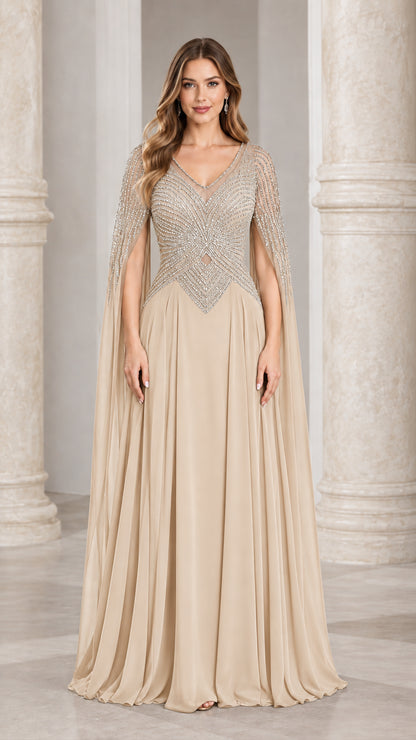 Front view of champagne beige beaded cape sleeve evening gown