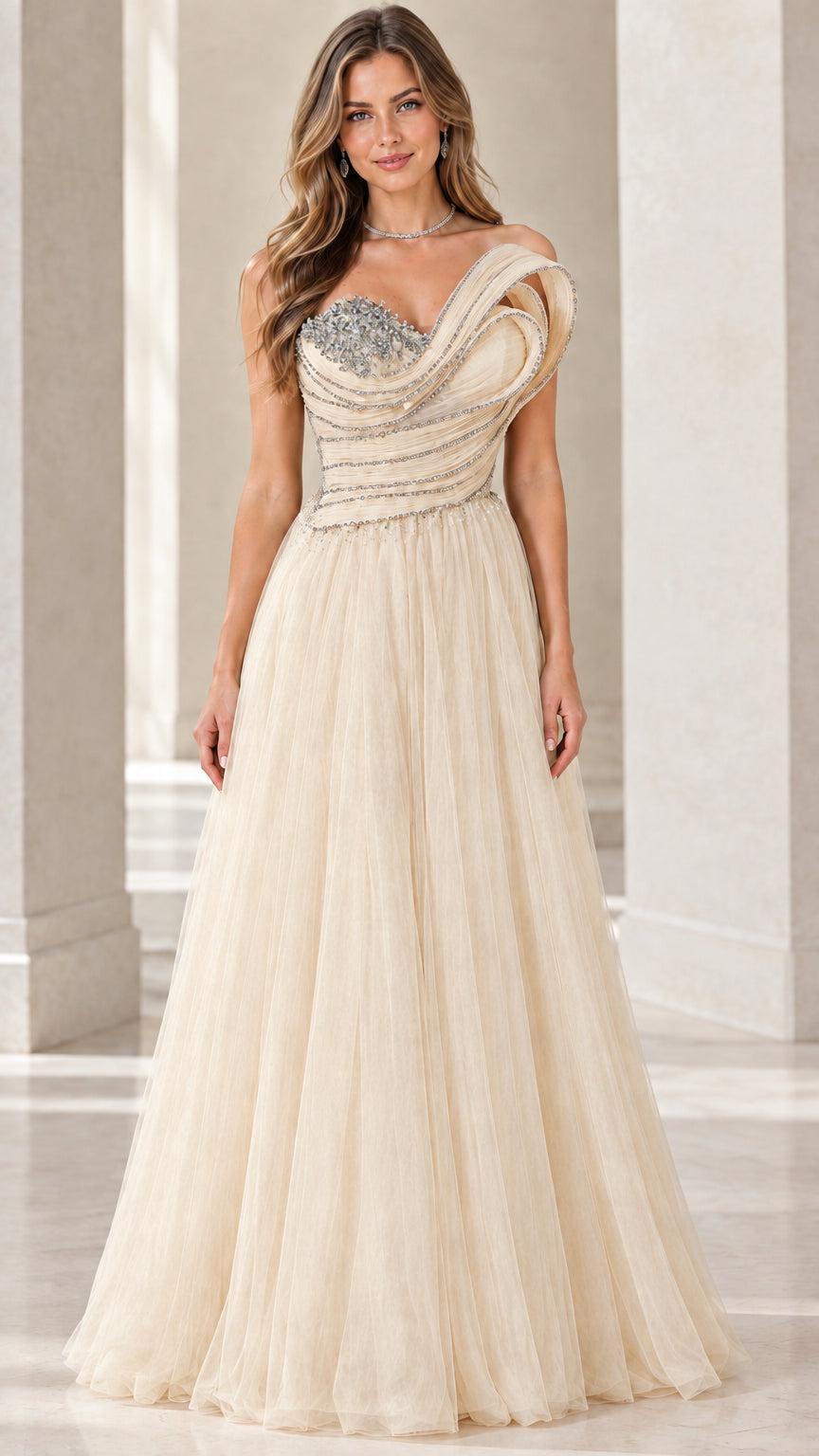 Front view of champagne beige asymmetric rhinestone pleated tulle evening gown