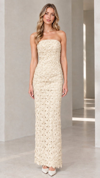 Full-length front view of ivory strapless 3D floral textured maxi dress