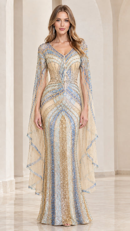 Champagne Gold sequin and bead embellished formal cape dress on model