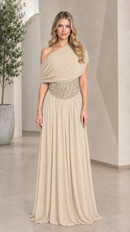 Champagne beige one-shoulder formal evening gown with beaded waist accent