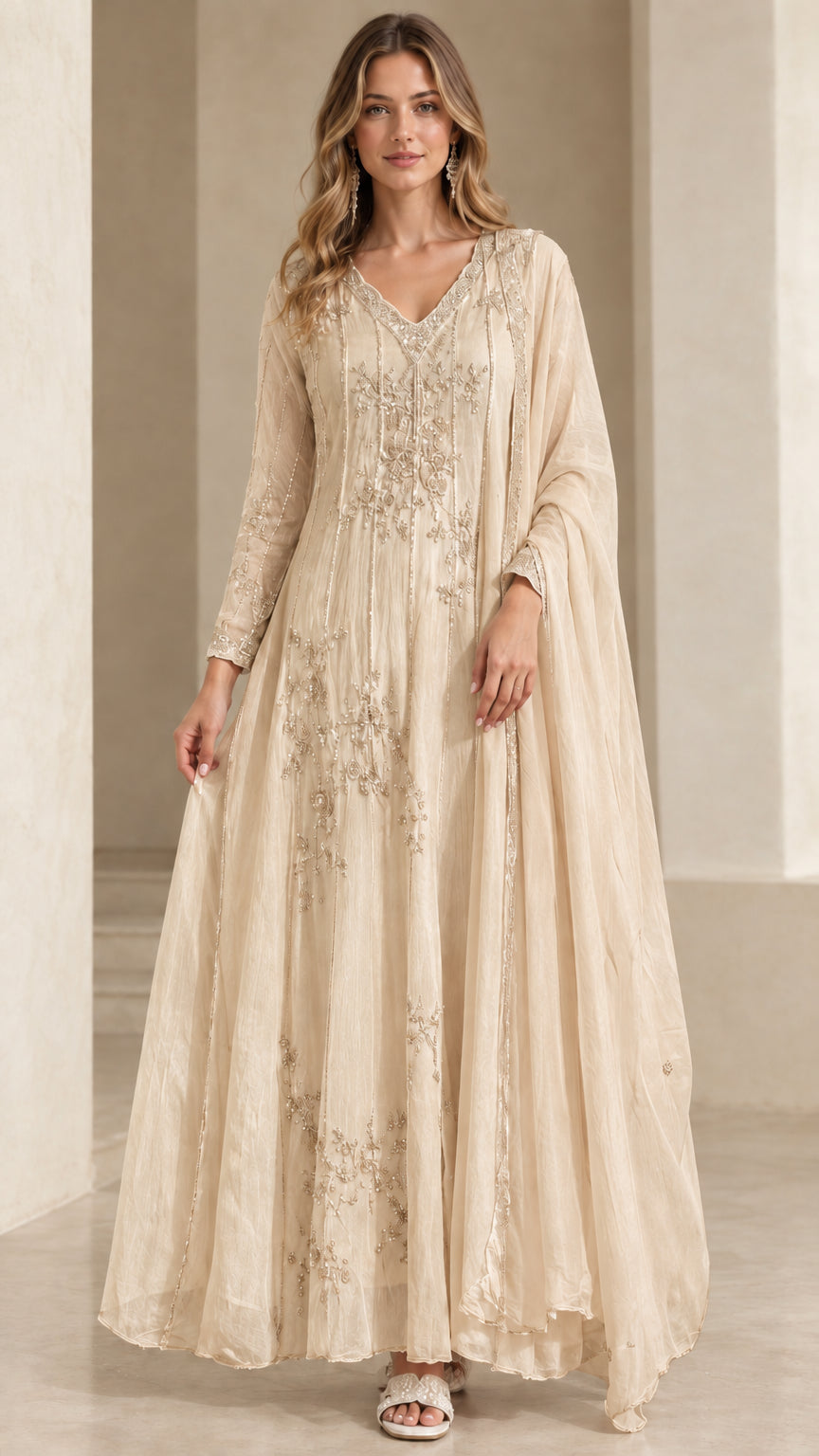Model wearing champagne beige embroidered V-neck formal maxi gown